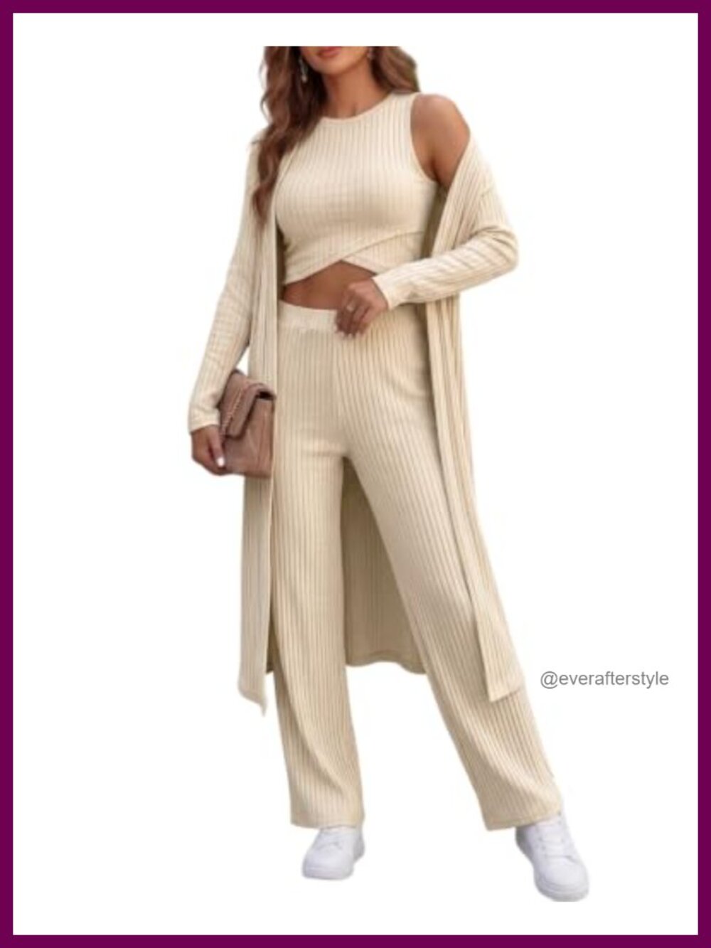 3 Piece Ribbed Knit Lounge Set Criss Cross Tank Wide Leg Pants Cardigan